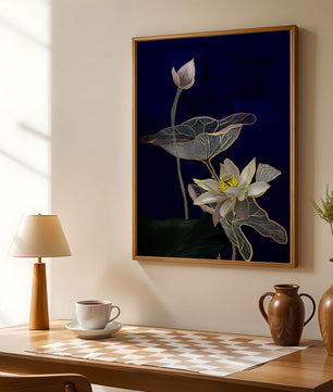 Elegant Lotus Flower with Gold Accents on Deep Blue Background