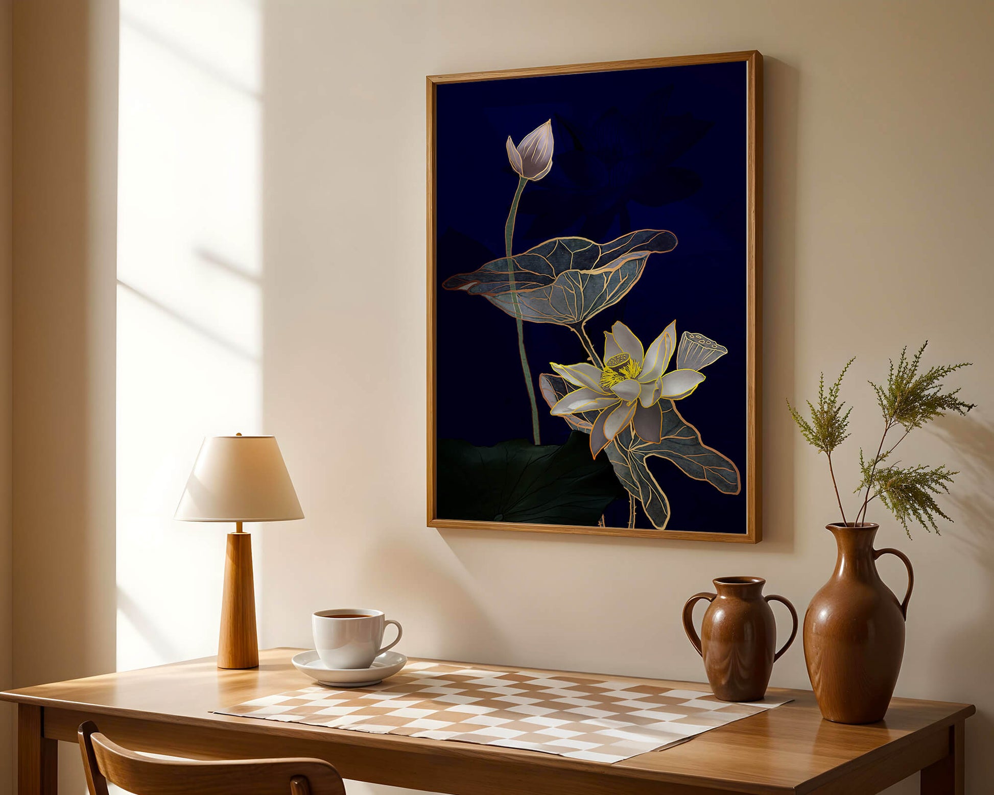 Elegant Lotus Flower with Gold Accents on Deep Blue Background