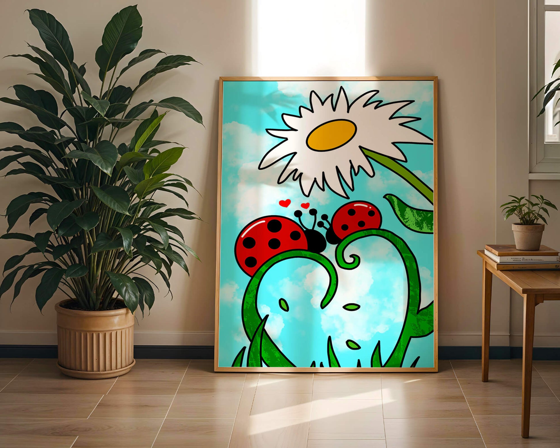Ladybugs in love beneath a daisy on a bright sky