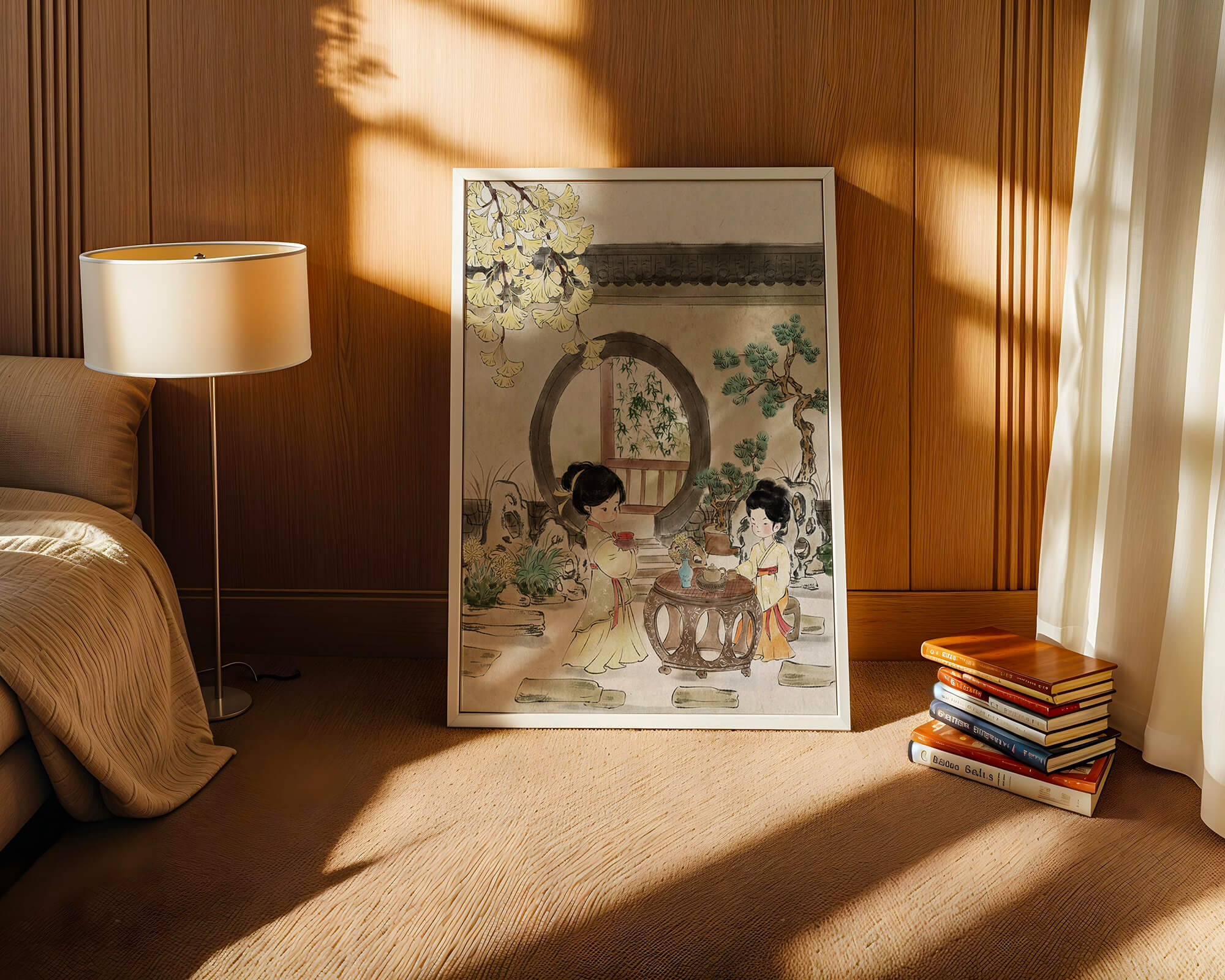 Serene traditional Chinese garden scene with women in elegant attire