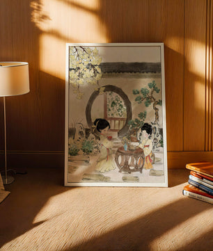 Scène sereine de jardin traditionnel chinois avec des femmes en tenue élégante