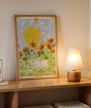 Ilustración encantadora de Aries con animales juguetones y girasoles