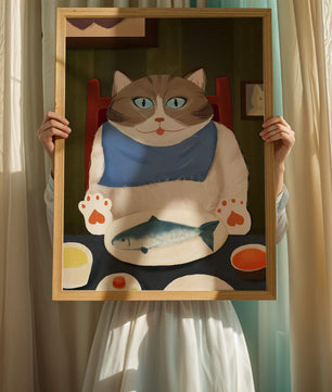 Ilustración de un gato comiendo con pescado y babero azul