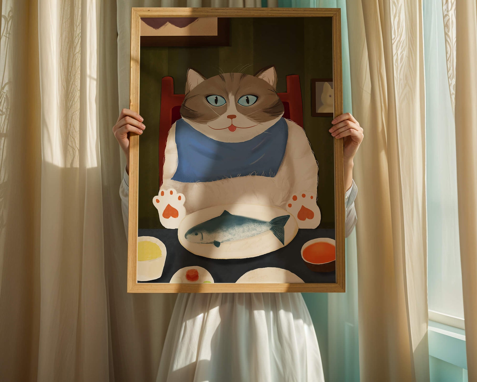 Ilustración de un gato comiendo con pescado y babero azul