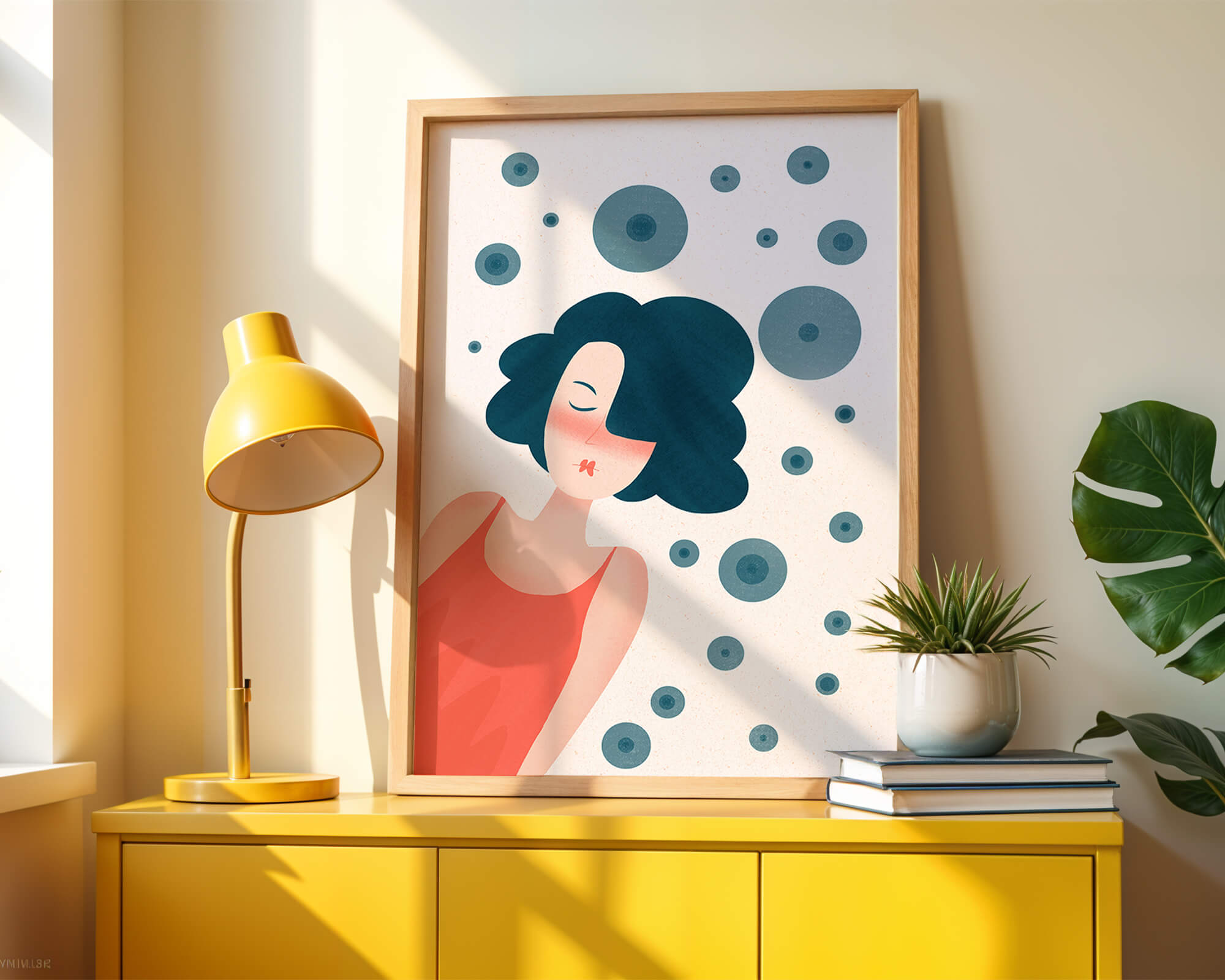 Dreamy Female Portrait with Abstract Circles in Modern Art Style - Mi tienda