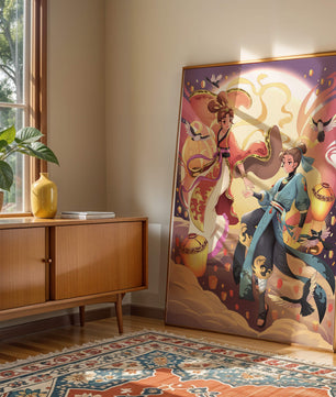 Dynamic anime scene with traditional attire and lanterns