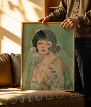 Ilustración emocional de una mujer rodeada de flores