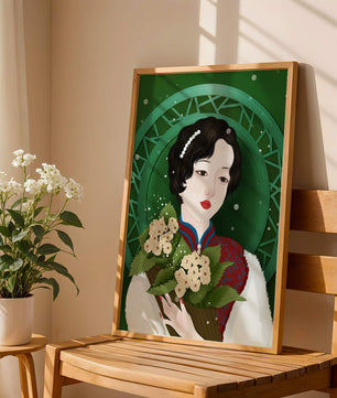Elegant portrait of a woman with a bouquet of roses on a green abstract background