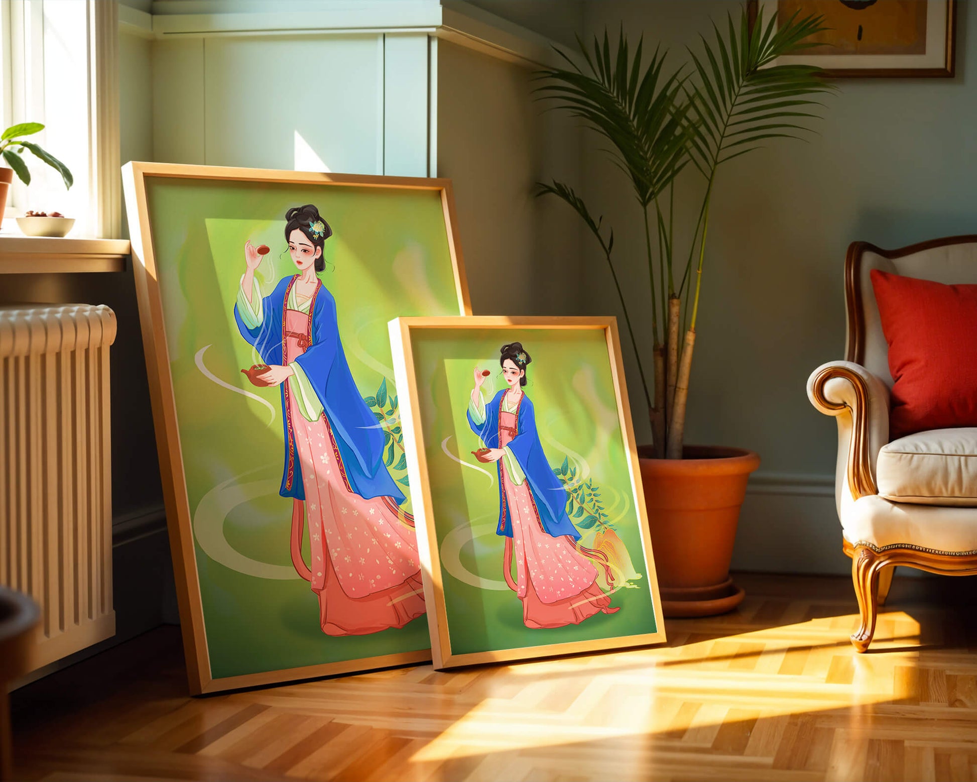 Diseño elegante de mujer en vestimenta tradicional del Este Asiático