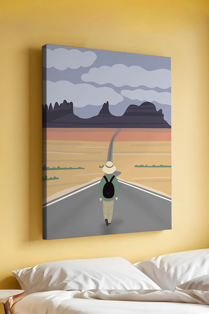 Traveler Walking on Endless Road Toward Mountains