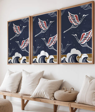 Illustrative cranes flying over ocean waves with dark background