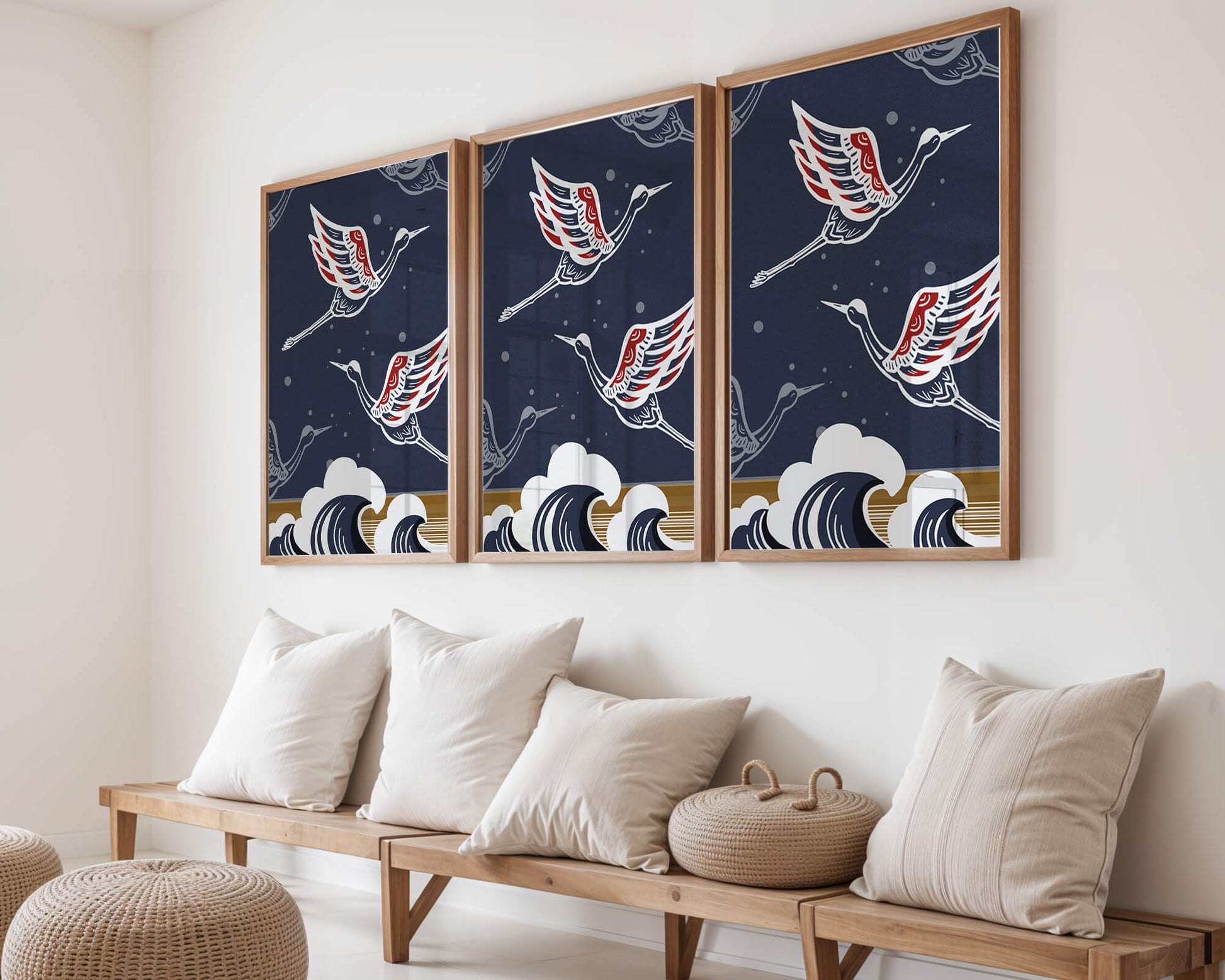 Illustrative cranes flying over ocean waves with dark background