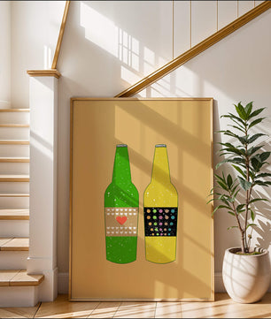 Ilustración de botellas de cerveza coloridas con etiquetas artísticas