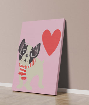 Ilustración juguetona de un bulldog francés con gafas y bufanda sobre fondo rosa con corazón
