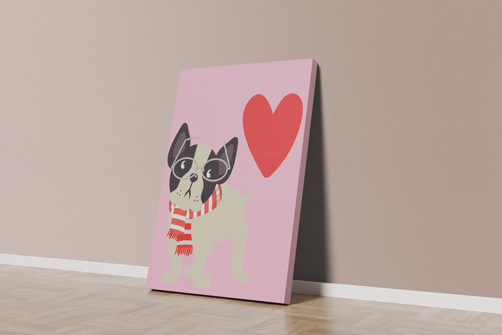 Ilustración lúdica de un bulldog francés con gafas y bufanda sobre fondo rosa con corazón