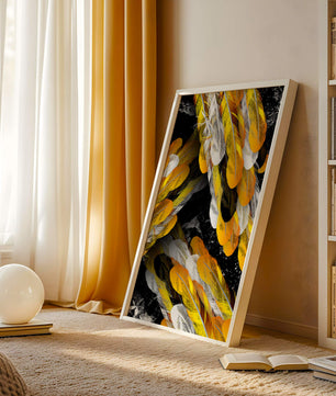 Abstract Composition with Yellow and White Feathers on a Black Background - Mi tienda