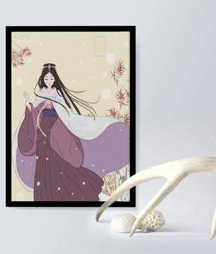 Elegant Woman in Traditional Garment with Snowflakes and Branches
