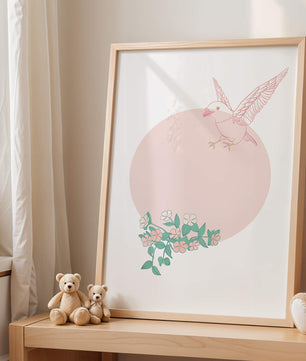 Pájaro pastel con elementos florales en estilo minimalista