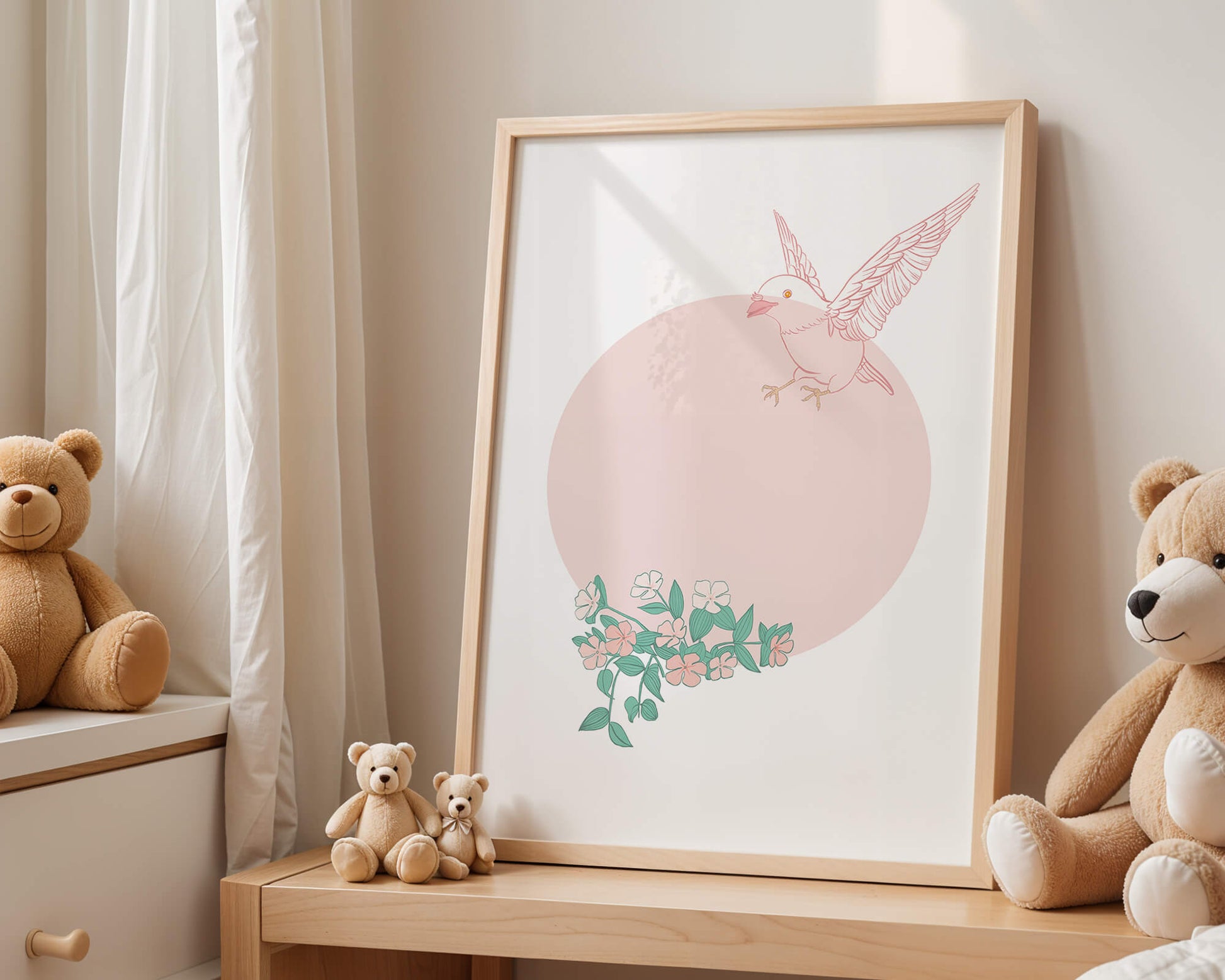Pájaro pastel con elementos florales en estilo minimalista