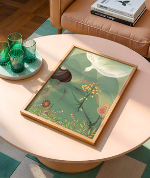Dreamy nature-inspired illustration with bird and plant elements