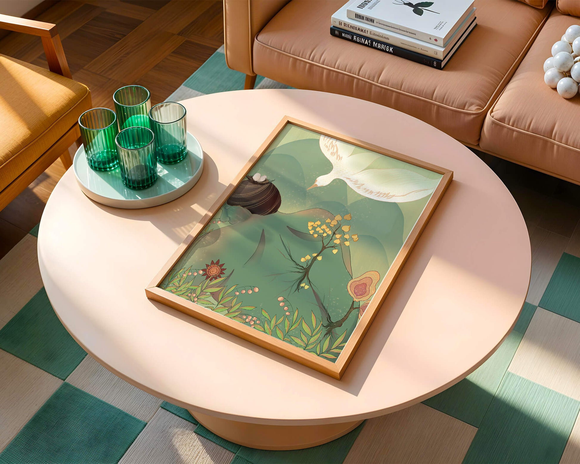Dreamy nature-inspired illustration with bird and plant elements