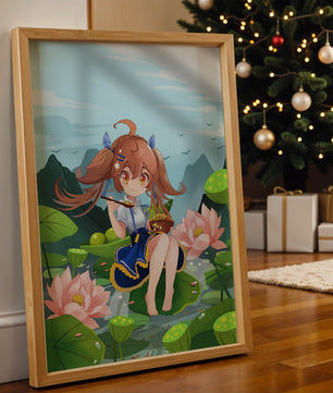 Chica de anime sentada en hojas de lirio con montañas al fondo
