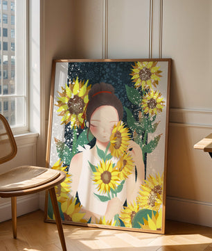 Young woman surrounded by vibrant sunflowers in a serene setting