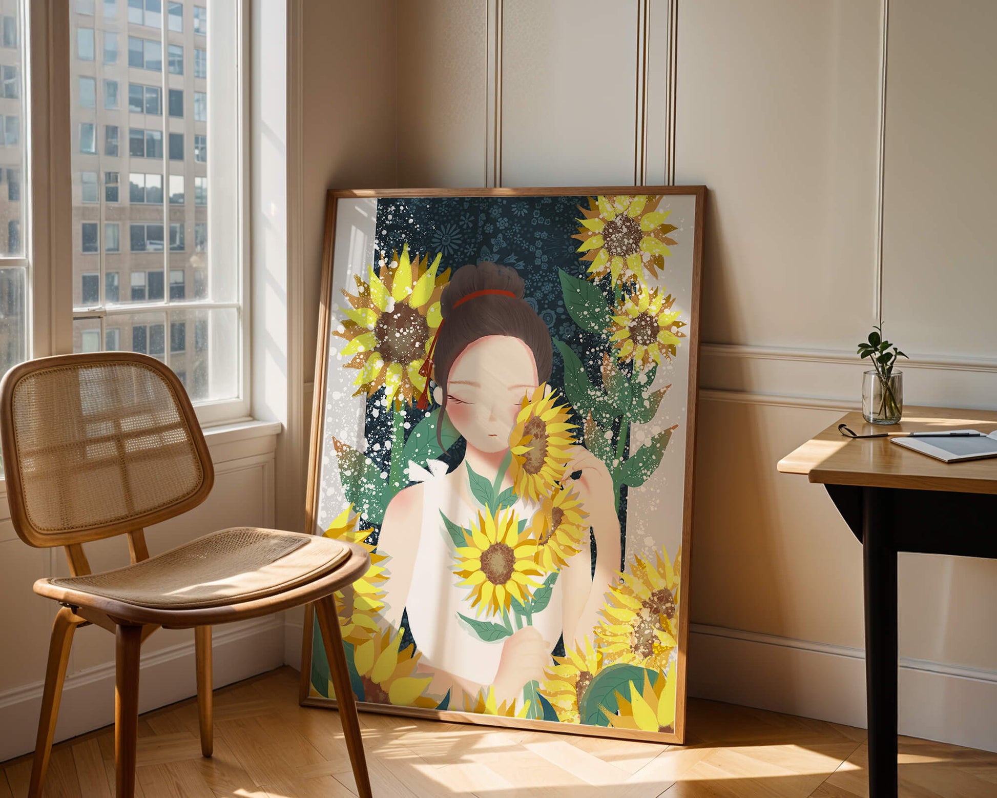 Young woman surrounded by vibrant sunflowers in a serene setting