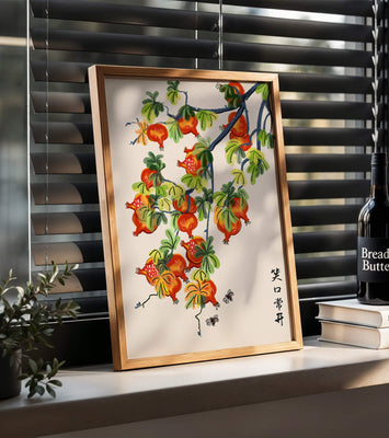 Artistic illustration of vibrant pomegranates on a branch with Asian aesthetic