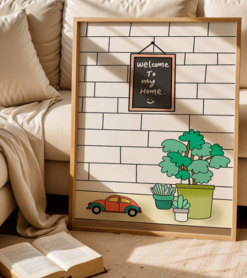 Chalkboard welcome sign with potted plants and a toy car