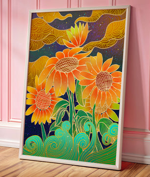 Vibrant sunflowers with intricate background patterns
