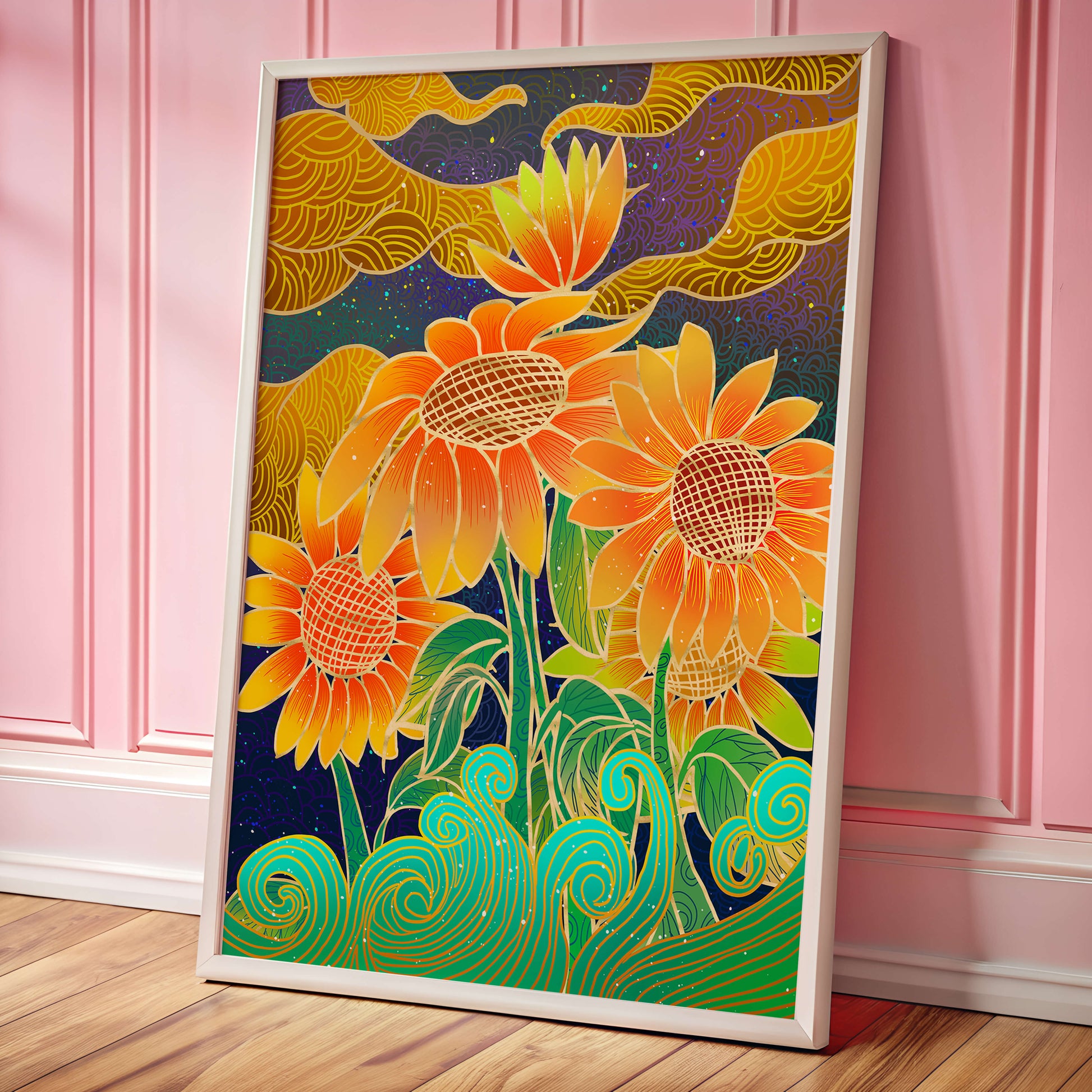 Vibrant sunflowers with intricate background patterns