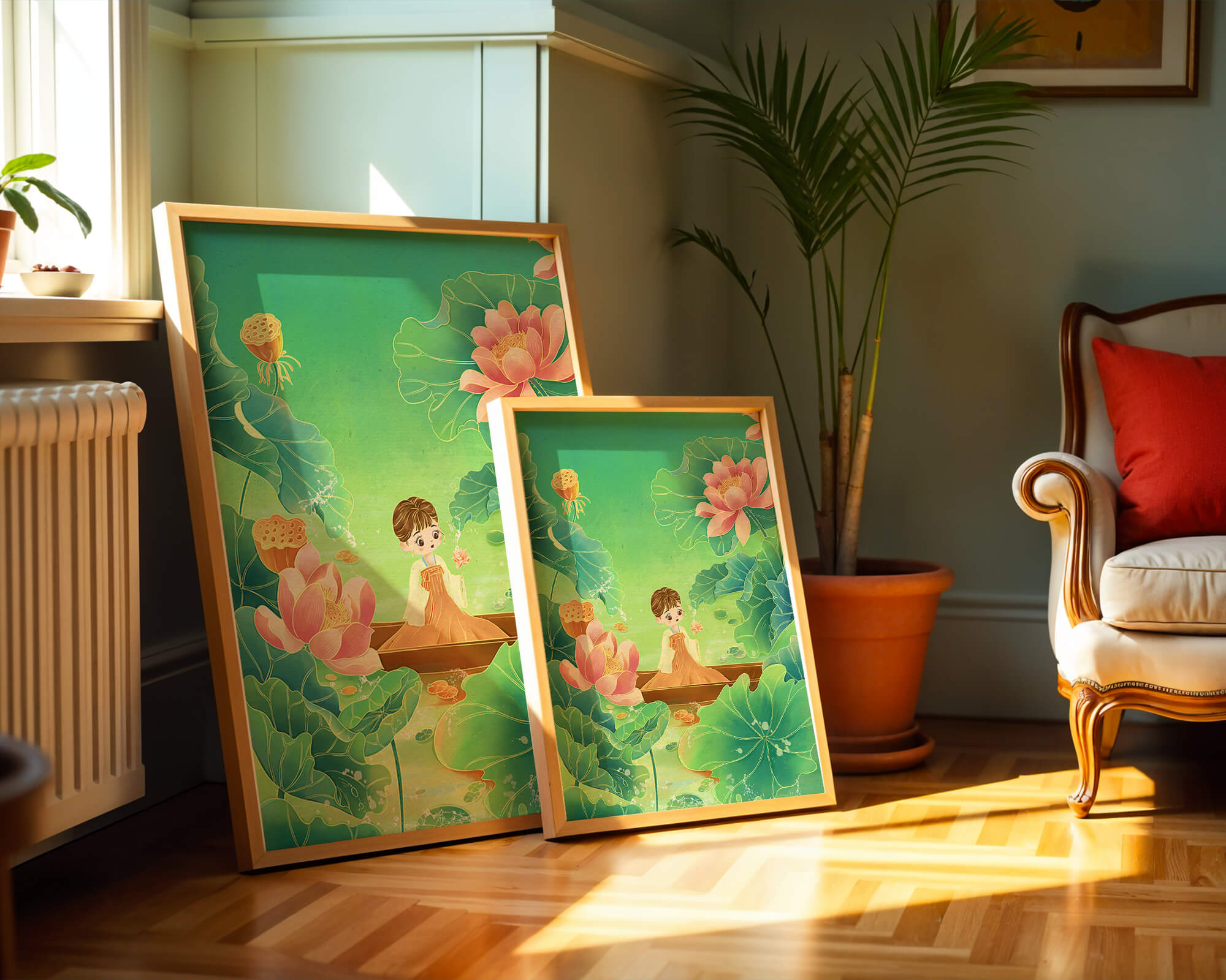 Serene illustration with girl among lotus flowers and green leaves