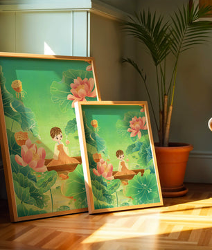 Serene illustration with girl among lotus flowers and green leaves