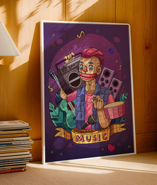 Illustration colorée sur le thème de la musique avec un personnage et des instruments