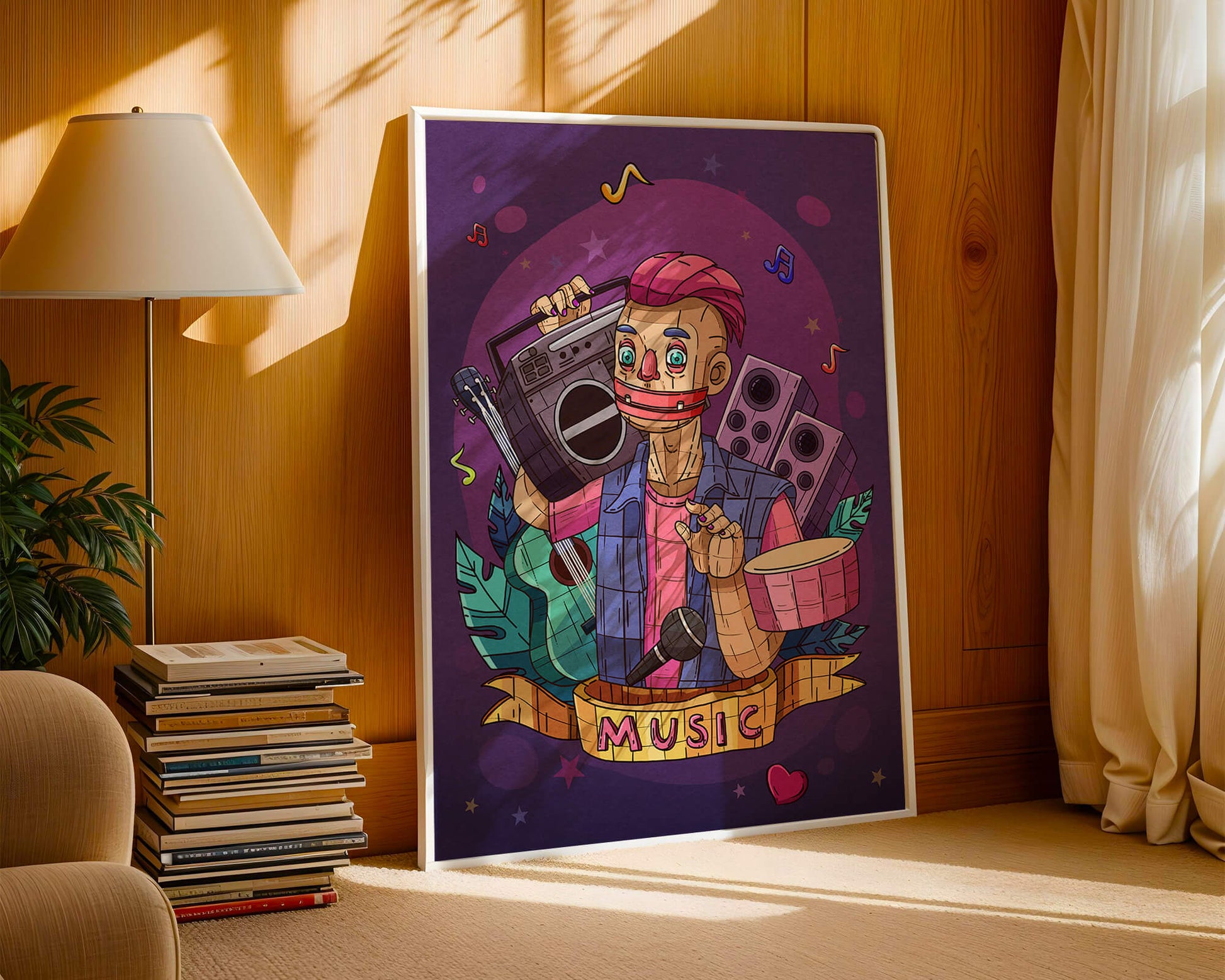 Illustration colorée sur le thème de la musique avec un personnage et des instruments