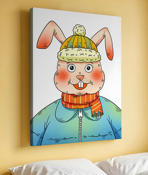 Whimsical cartoon bunny in winter attire with a striped scarf and beanie hat