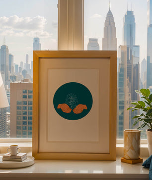 Illustration of Hands Holding a Plant with Teal Background