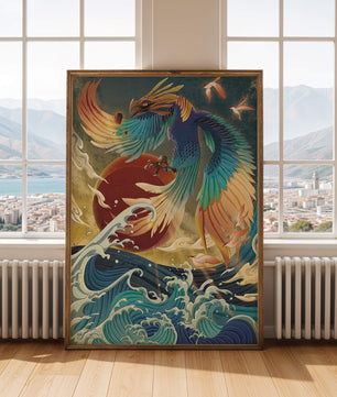 Fénix mítica surcando las olas del océano