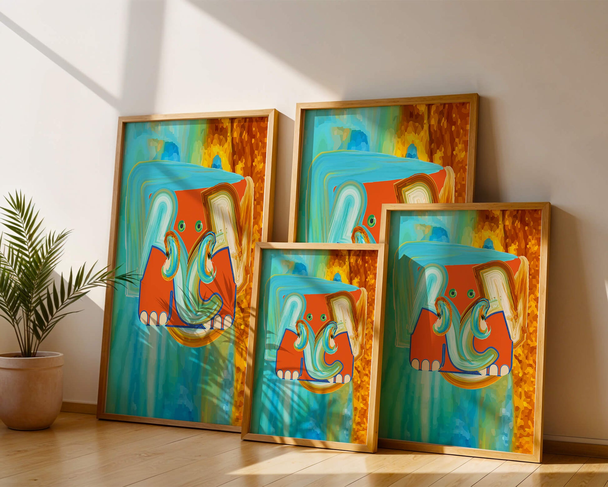 Pintura abstracta colorida de un elefante con tonos vibrantes y pinceladas artísticas.