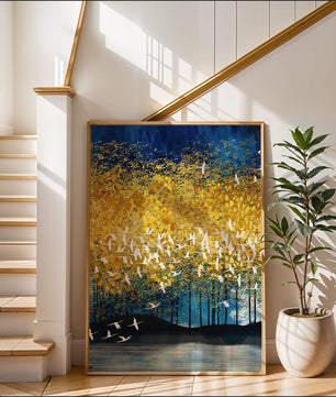 Vibrant Forest Landscape with Birds and Golden Leaves