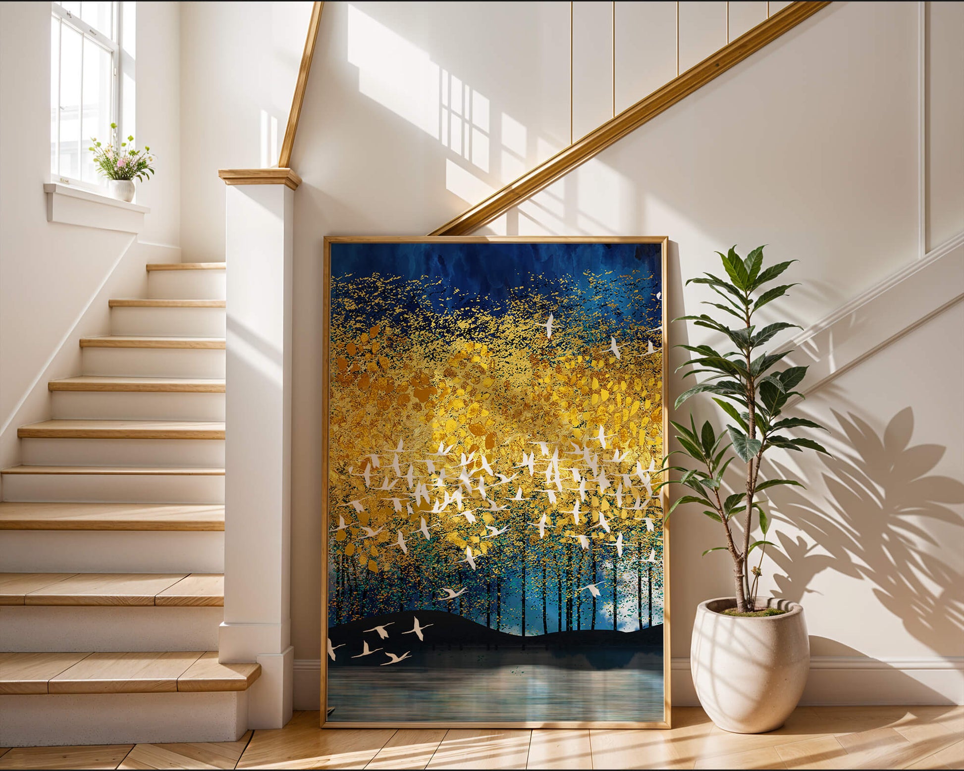Vibrant Forest Landscape with Birds and Golden Leaves