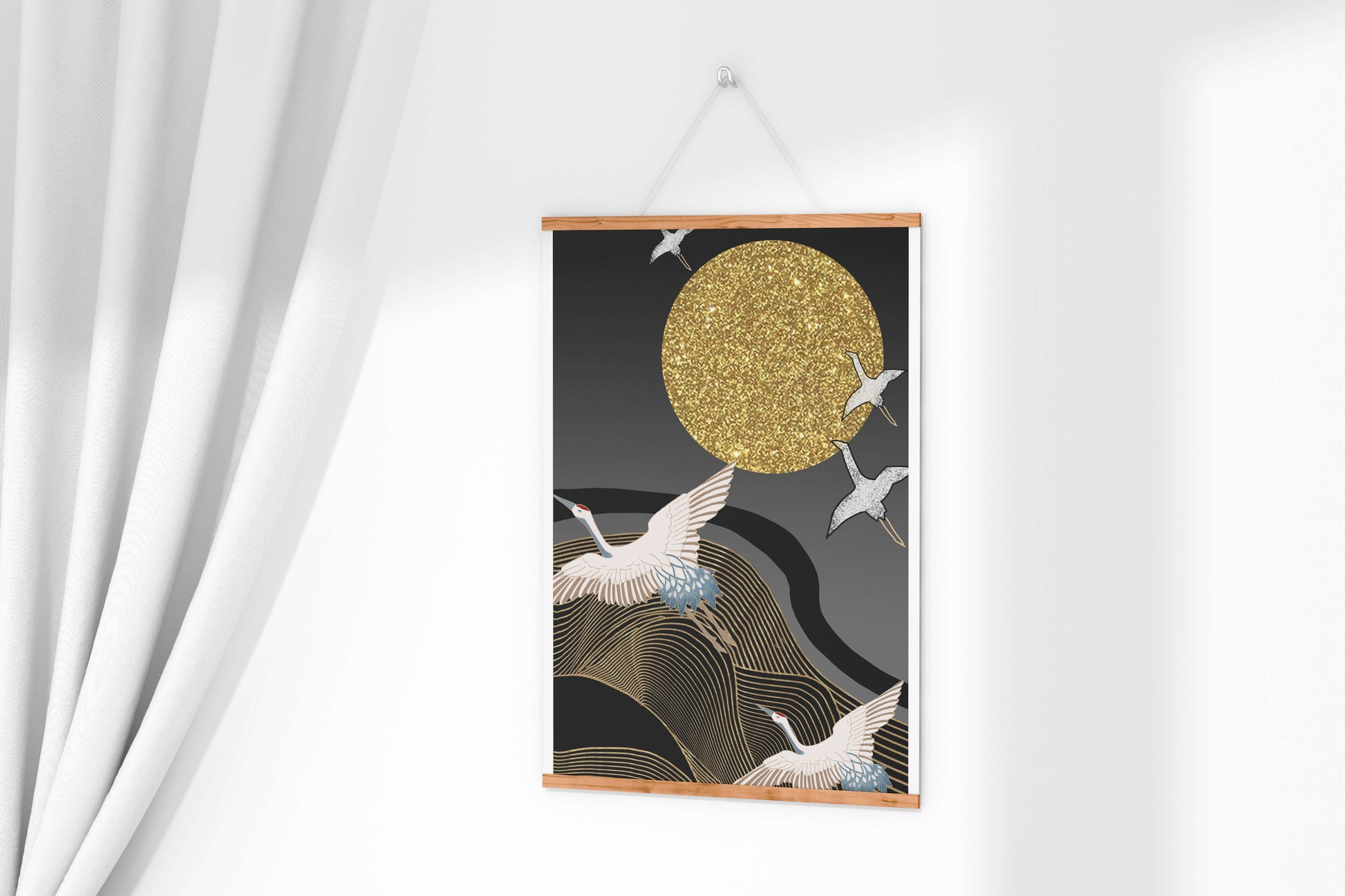 Elegant Cranes Soaring under a Golden Sun