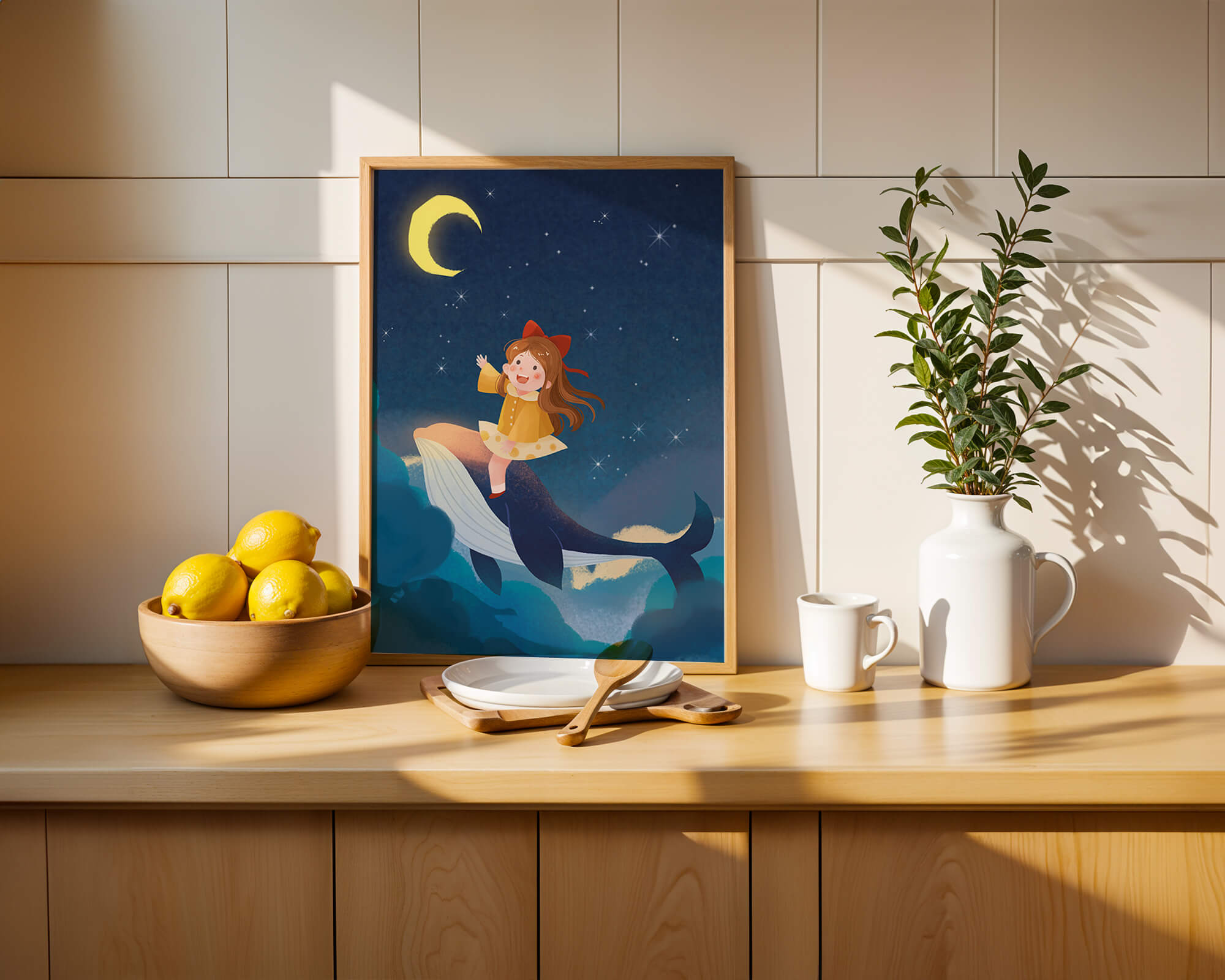 Girl on a whale under starry night sky