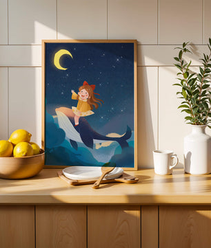 Girl on a whale under starry night sky