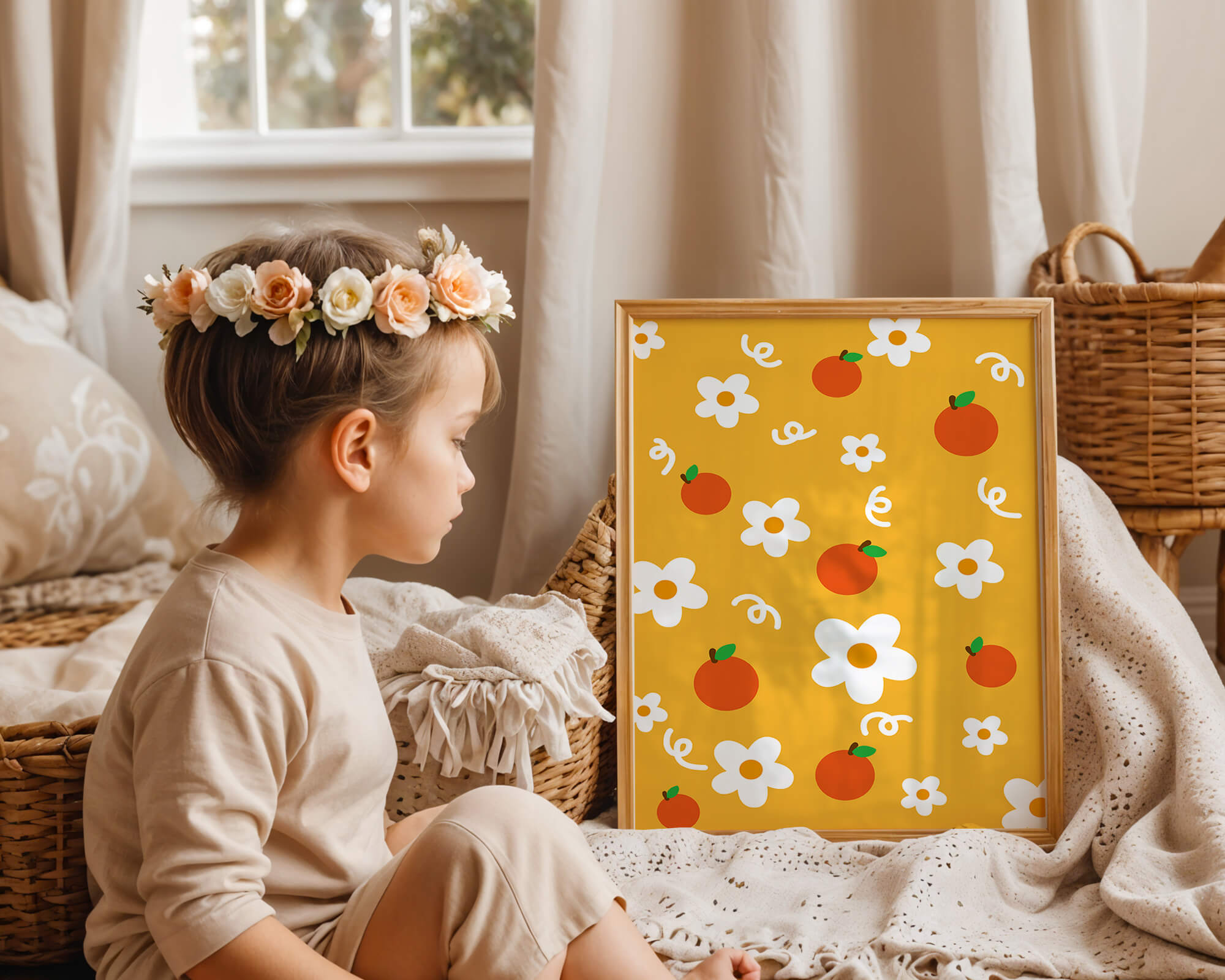 Playful floral and fruity pattern on a vibrant yellow background