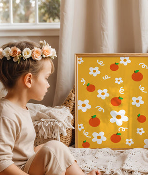 Playful floral and fruity pattern on a vibrant yellow background