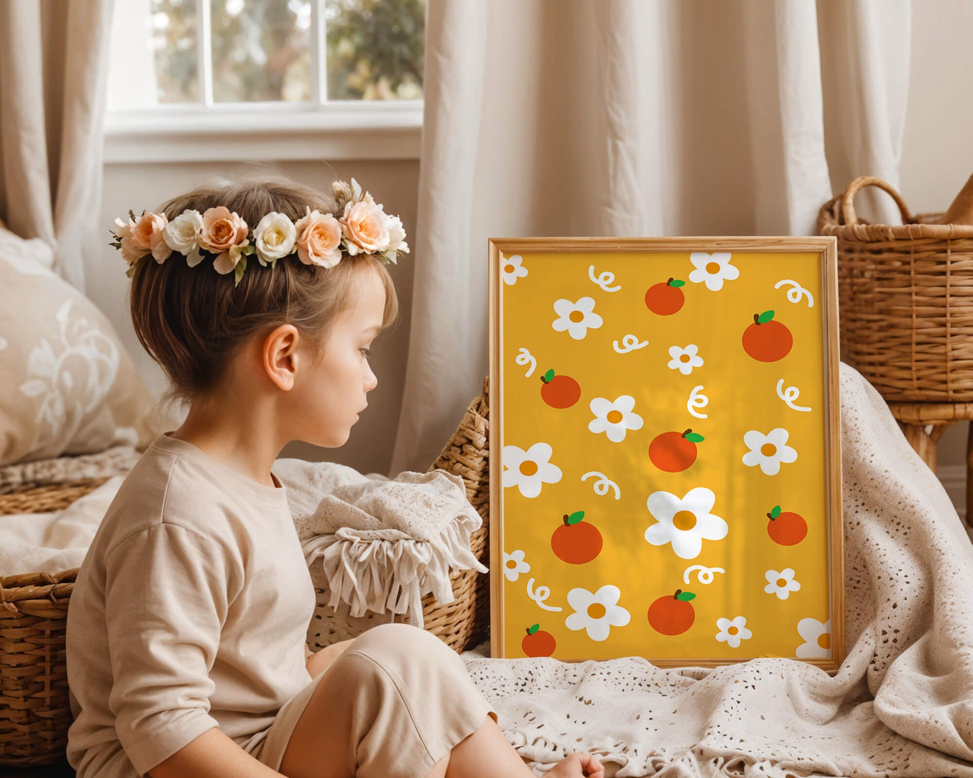 Playful floral and fruity pattern on a vibrant yellow background