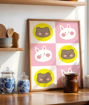 Diseño de patrones de animales juguetones con caras de osos y conejos en colores pastel