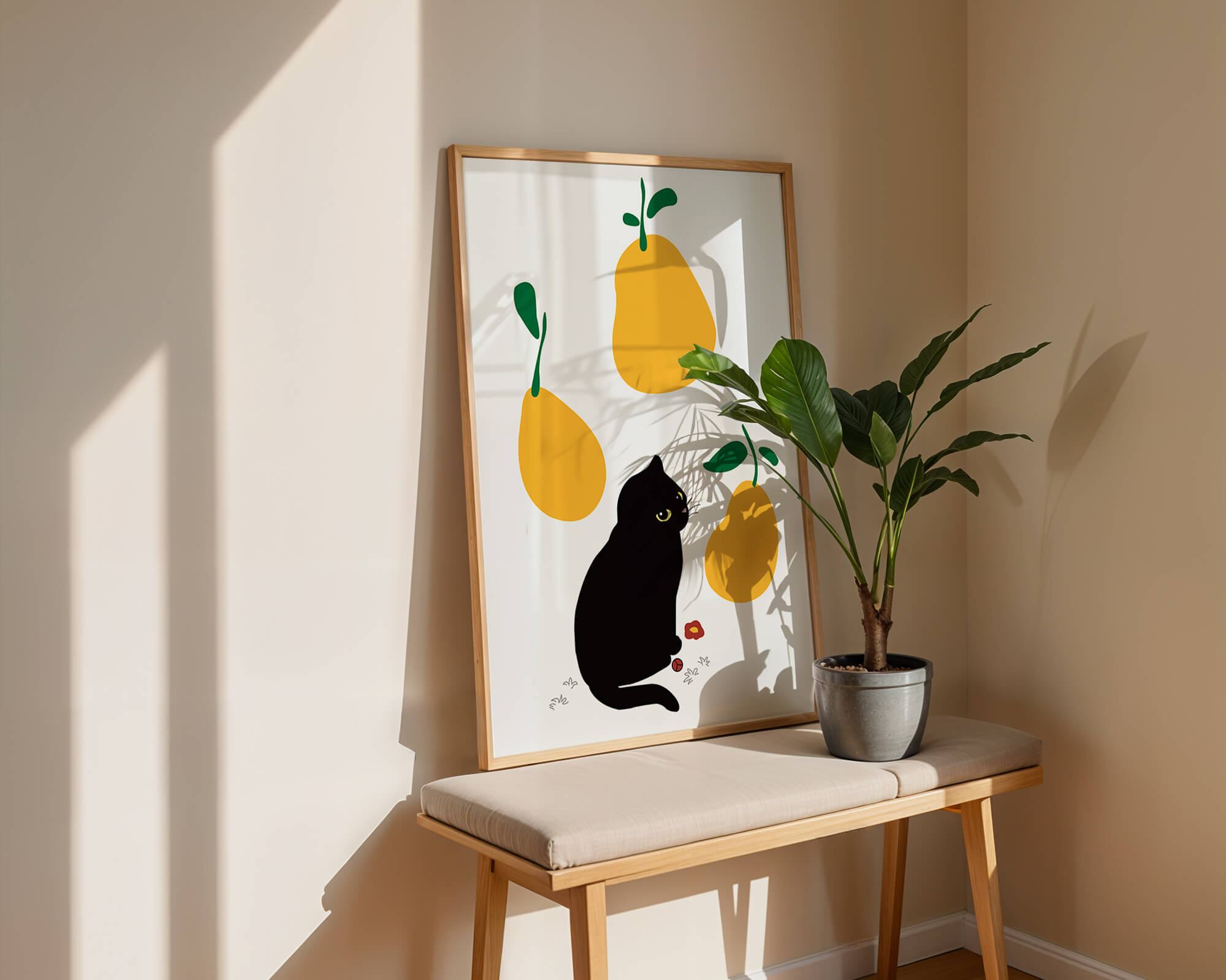Illustration of black cat with yellow pears and green leaves
